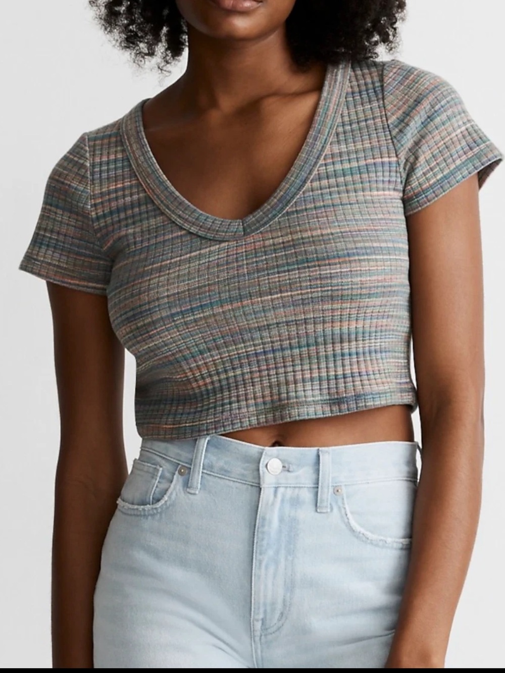 Madewell Women’s Multi-Stripe Space Dye Ribbed V-Neck Crop Top Size Small